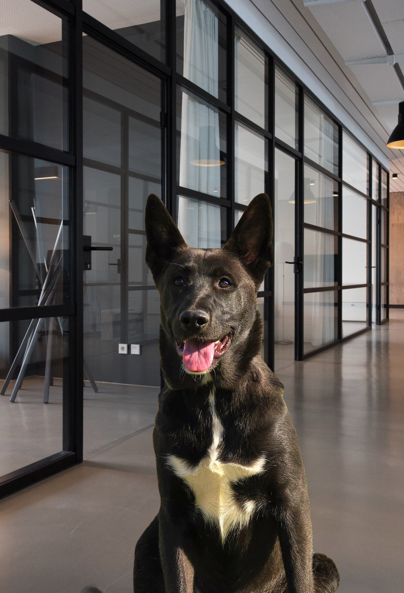 Onyx in training, sitting alertly